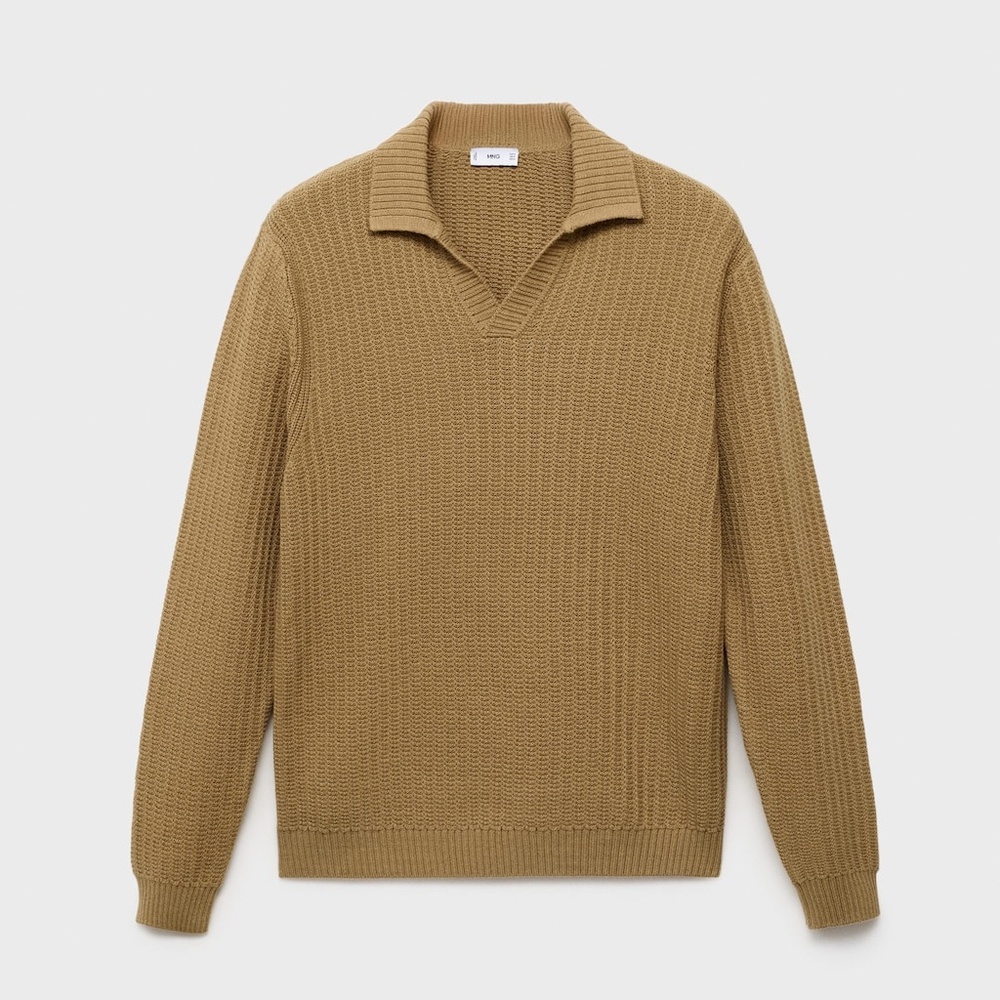 MANGO MAN - Knitted structured polo sweater beige - M - Man